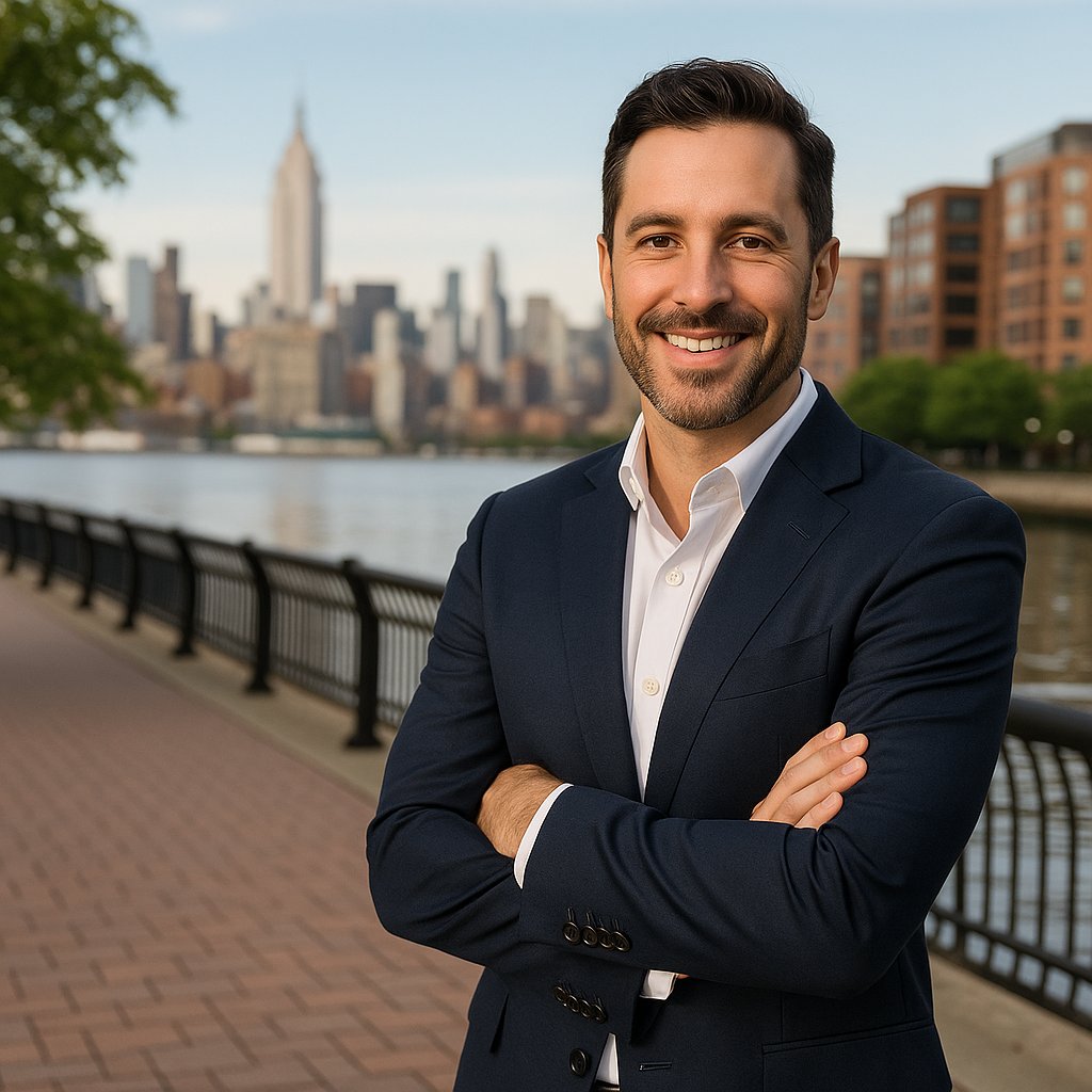Professional real estate agent standing confidently on Hoboken waterfront with Manhattan skyline in the background.