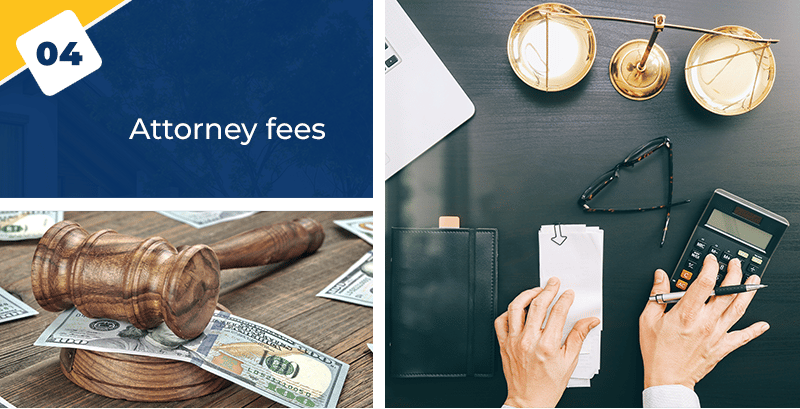 Attorney fees closing-cost graphic with scales, a gavel, cash, and a calculator.