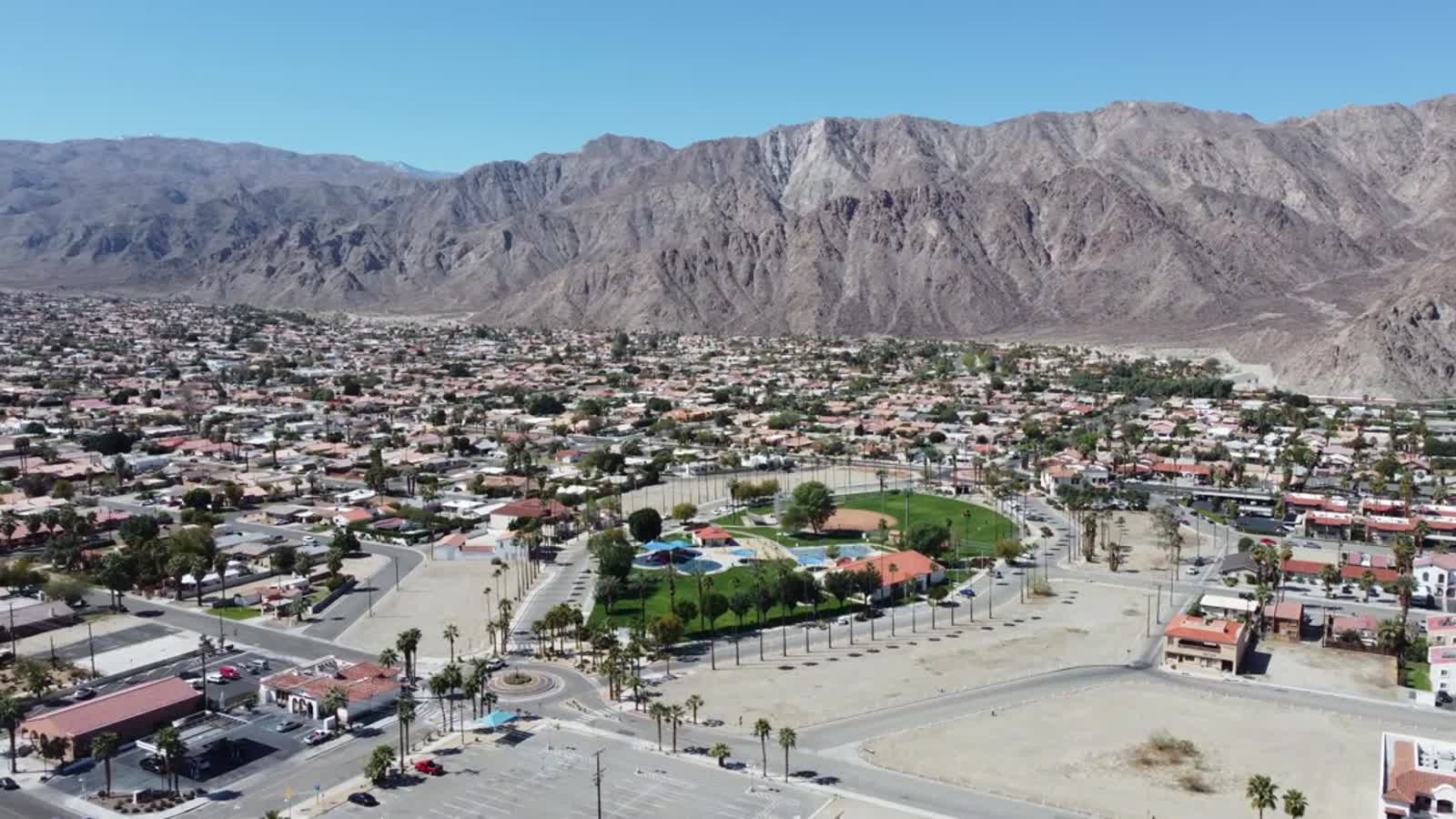 Aerial view across central La Quinta toward the Santa Rosa Mountains