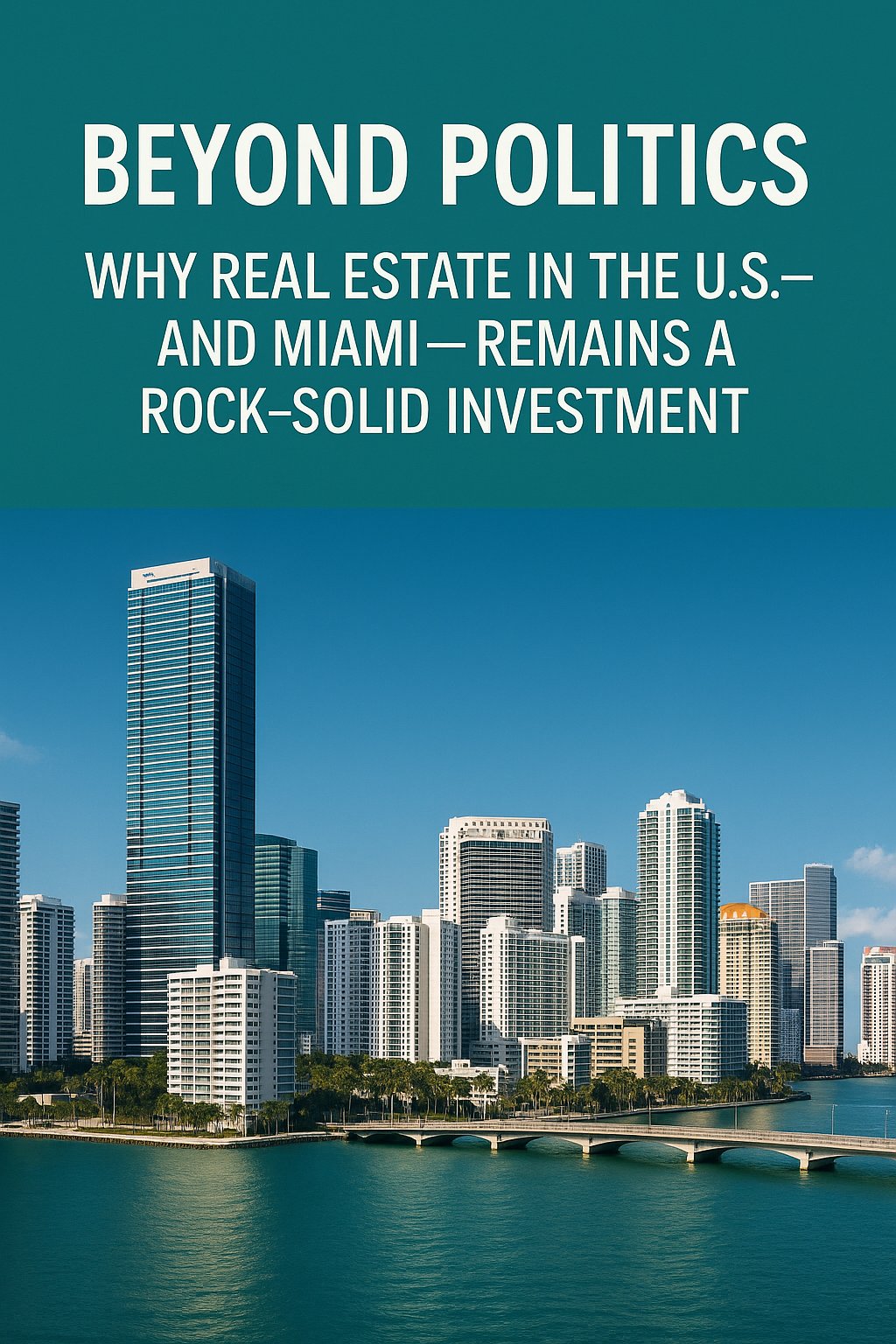 Graphic promoting U.S. and Miami real estate as a rock-solid investment, above the Miami waterfront skyline.