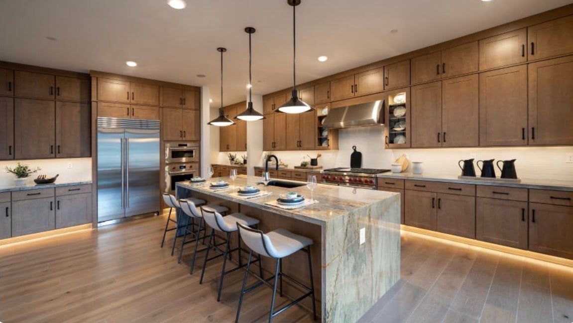 Luxury kitchen with oversized island, custom cabinetry, and premium finishes in a Toll Brothers home in Reno, Nevada.