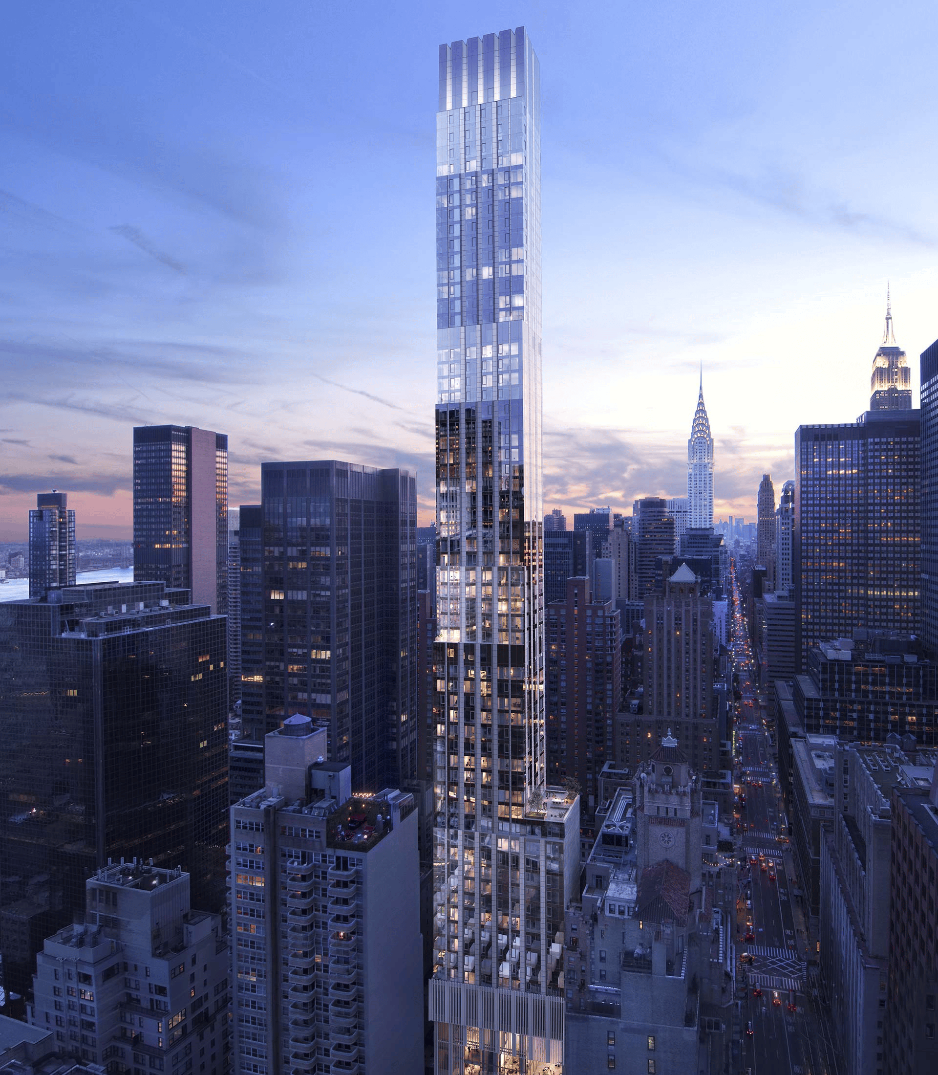 The Centrale tower rises over Midtown Manhattan at dusk, with the Chrysler Building and Empire State Building in view.