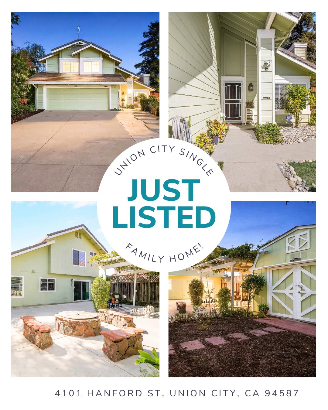 Just-listed family home at 4101 Hanford St, Union City, with exterior and backyard photos.