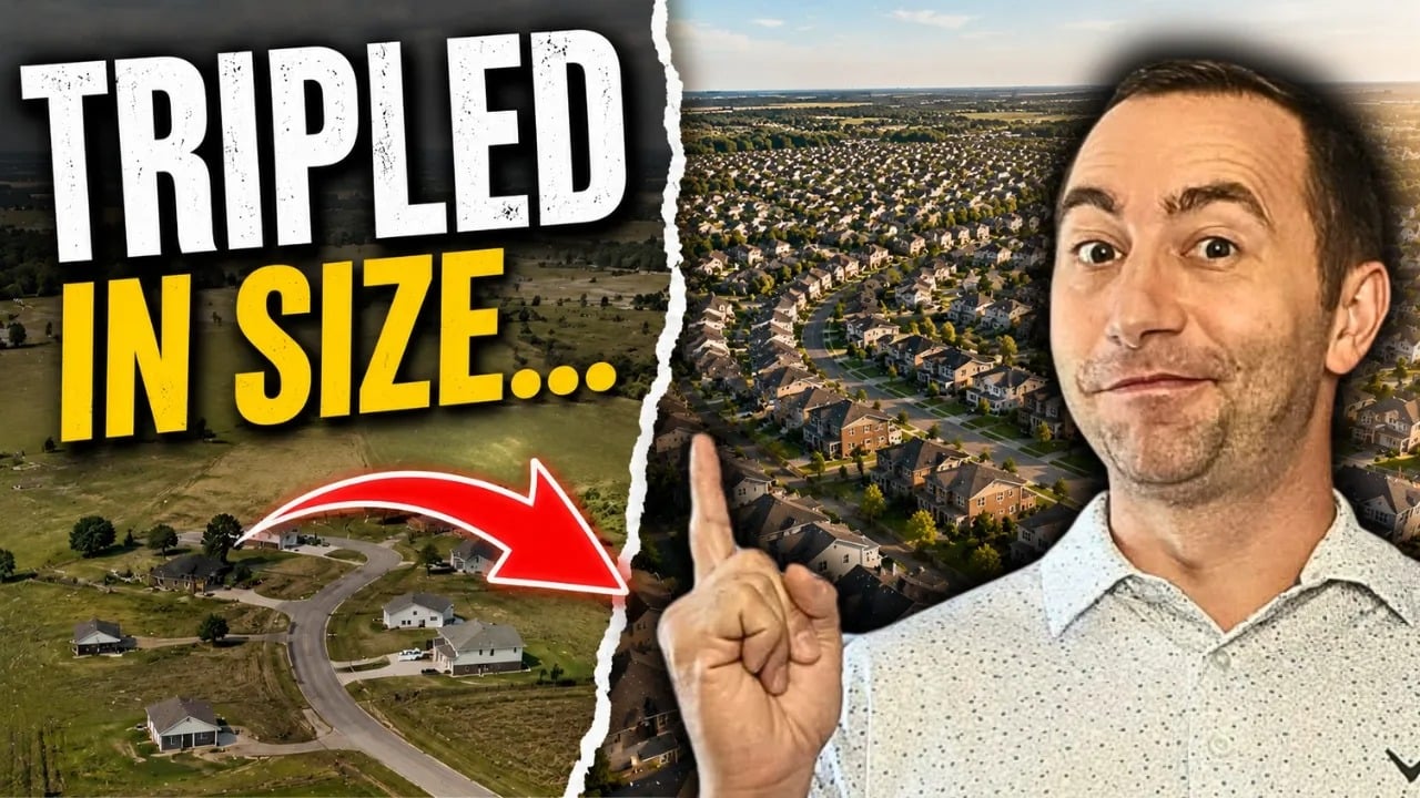 Thumbnail about suburban growth, with aerial neighborhood views, a man pointing, and the headline “TRIPLED IN SIZE...”