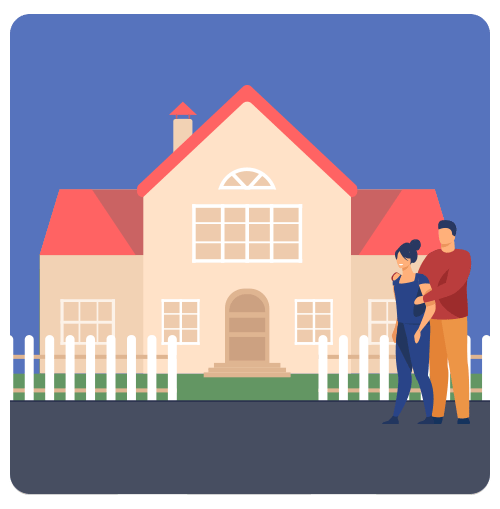 Illustration of a couple beside a peach house with a red roof and white picket fence.