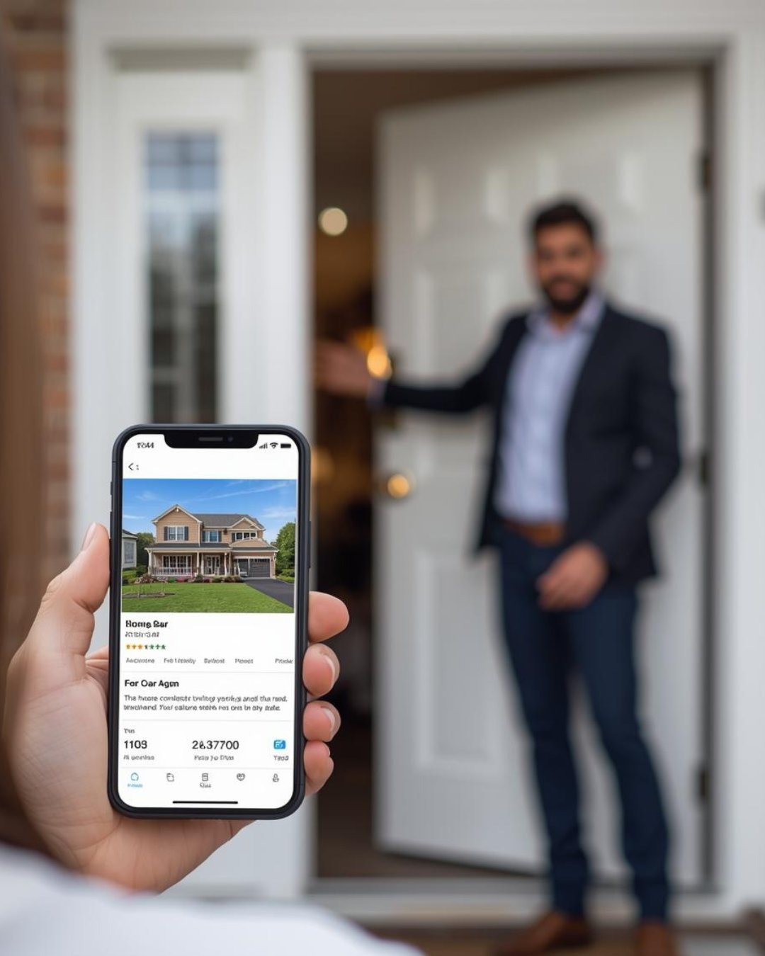 A homebuyer transitioning from an online search to a real-world home showing with their agent.