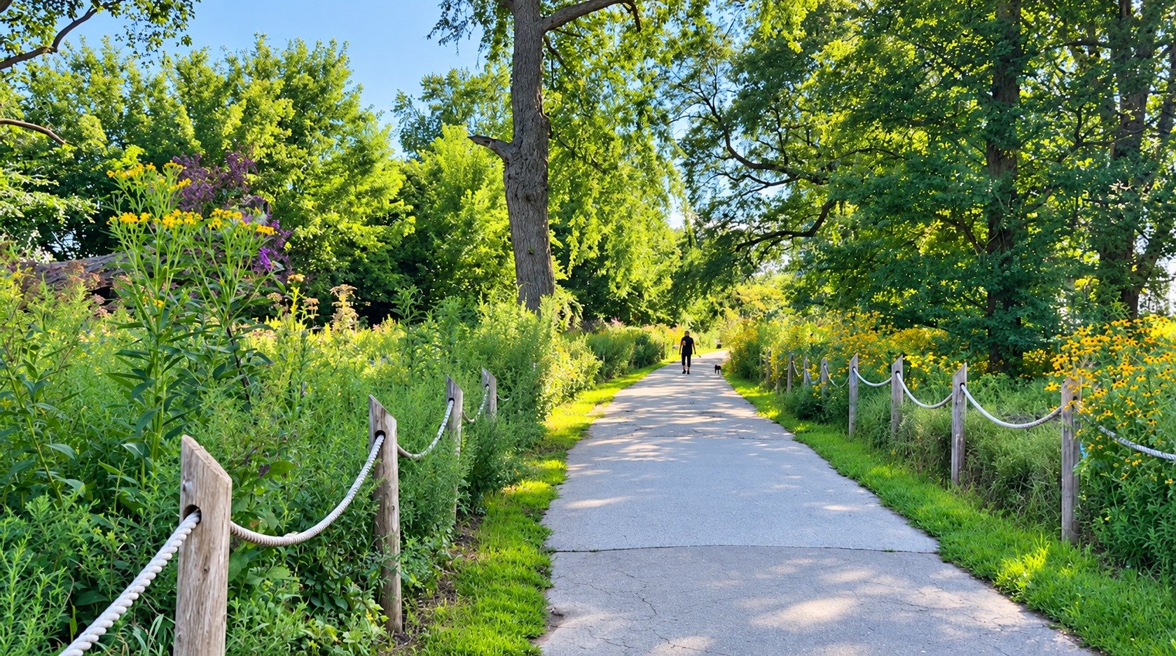 Quiet tree-lined lakefront walking path near Buena Park, Chicago