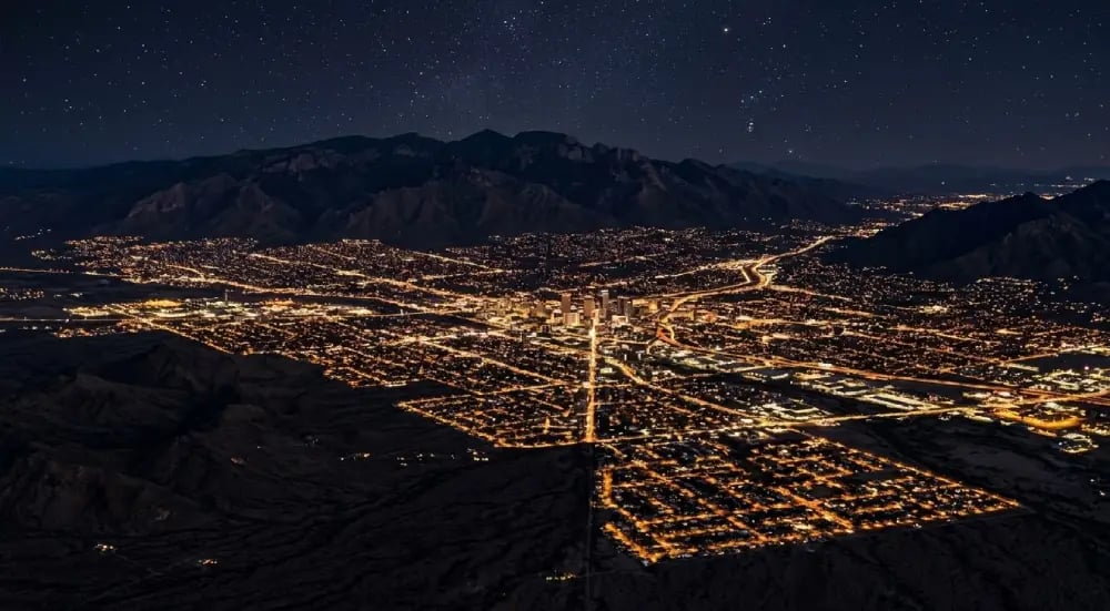 Aerial nighttime photograph of Tucson Arizona from above