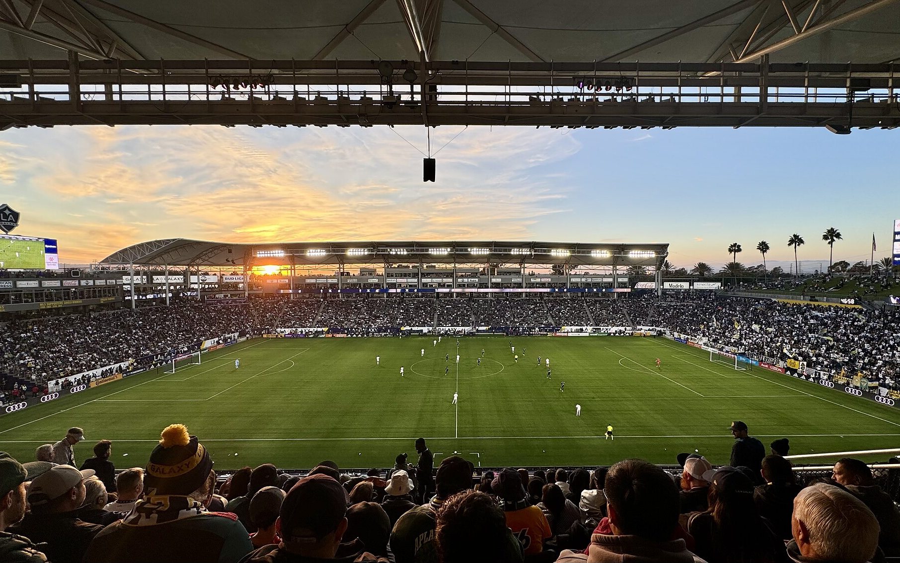 A packed LA Galaxy match inside the soccer stadium in Carson, 2024