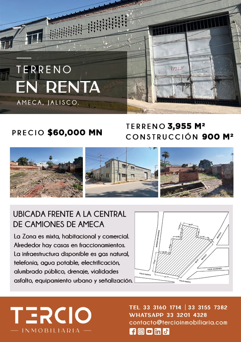 Propiedad en Renta uso de suelo Mixto Ameca $60,000.00 MN