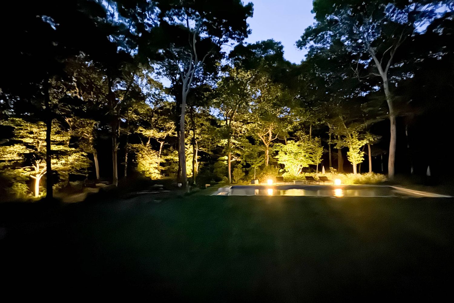 Swimming pool at night with warmly lit trees and landscaped grounds.