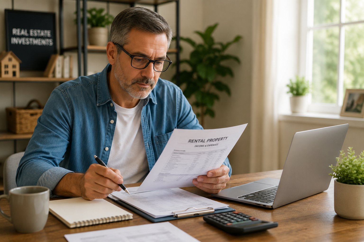 Man in glasses reviewing rental documents at a desk with a laptop, notepad, and calculator.