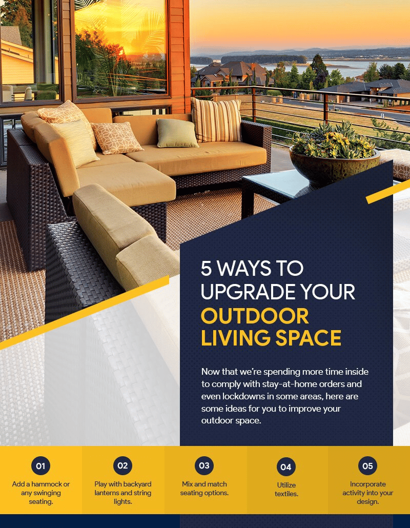 Outdoor living infographic with a sunset patio photo and five tips for upgrading the space.