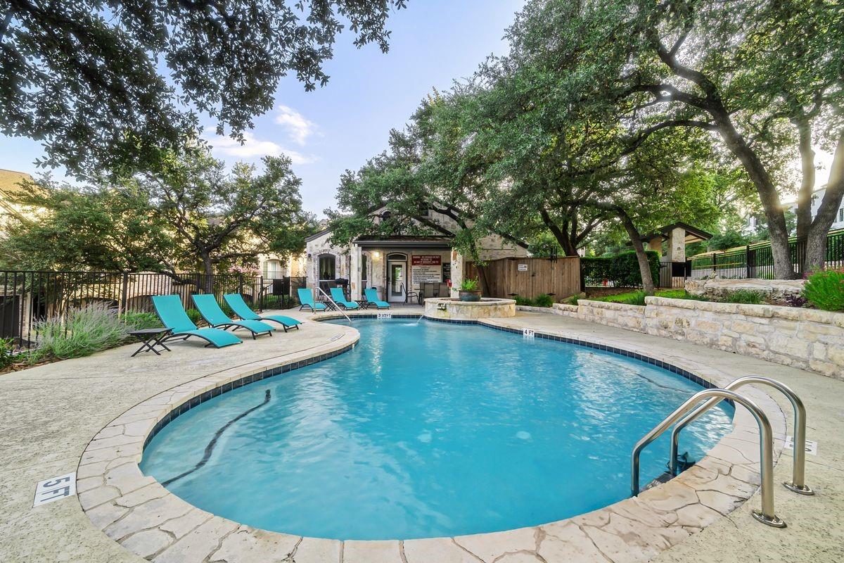 Community pool and lounge area, Barton Hollow, Westlake, Austin.