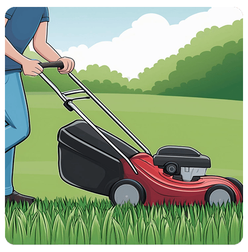 Person pushing a red lawn mower through tall grass in a yard.