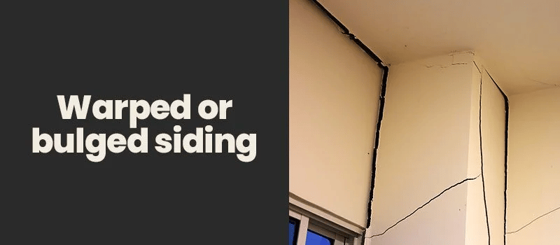 Graphic highlighting warped or bulged siding beside a cracked exterior wall.