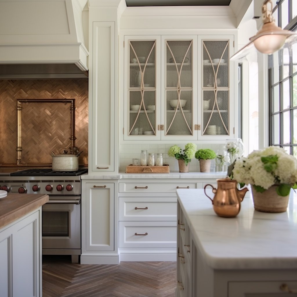 Bright white kitchen with glass-front cabinets, herringbone backsplash, stainless range, and a flower-decorated island.