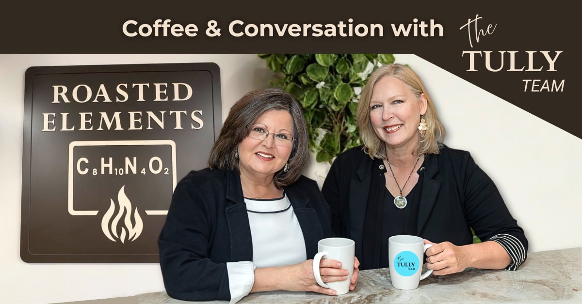 Shanon Tully and a member of The Tully Team at Roasted Elements Coffee in Downers Grove Illinois hosting a coffee and conversation event for local homeowners with real estate questions.