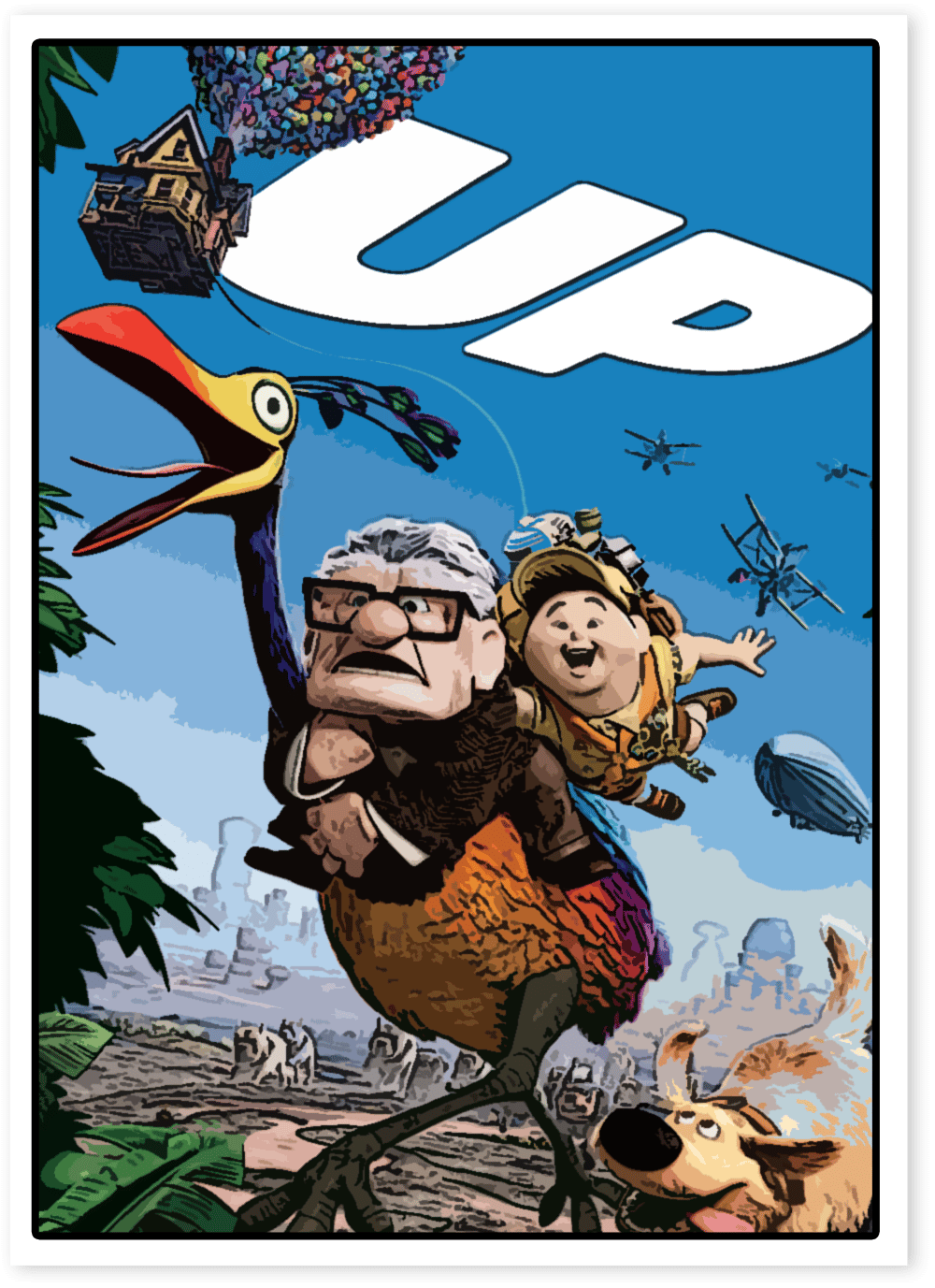 Up artwork showing an elderly man and child riding a giant bird beneath a floating house.