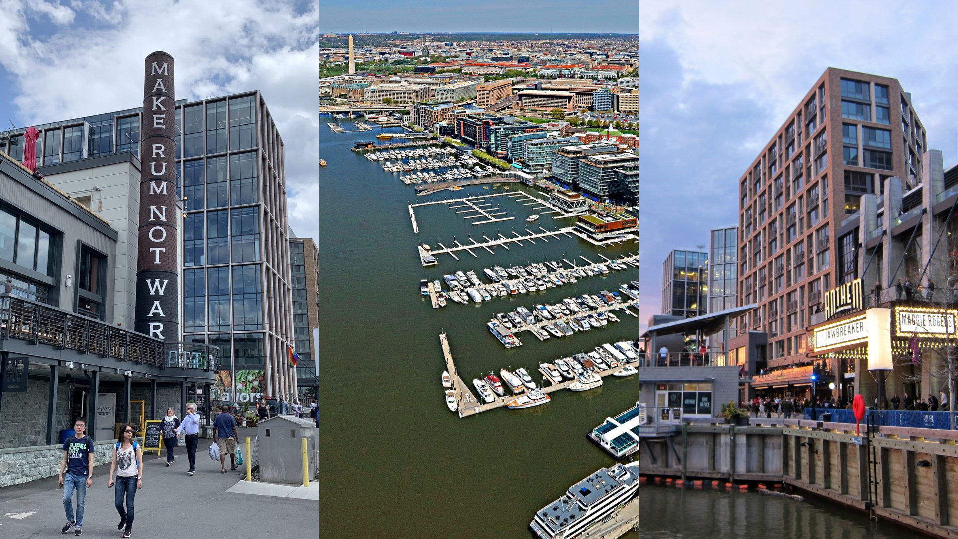 The Wharf waterfront in Washington, DC, with its marina, Maker’s Row shops, and a hotel building.
