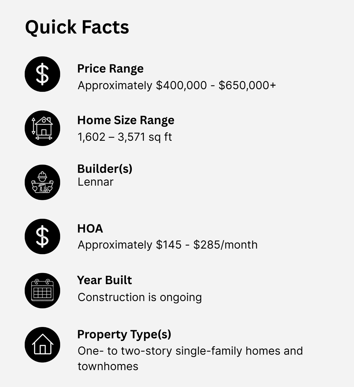 Silver Falls quick facts: price and size ranges, Lennar builder, HOA fees, ongoing construction, and property types.