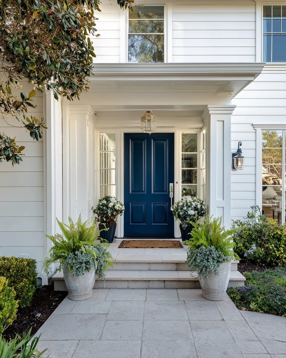 Home entrance with a deep blue door, covered porch, flowering planters, and stone walkway.