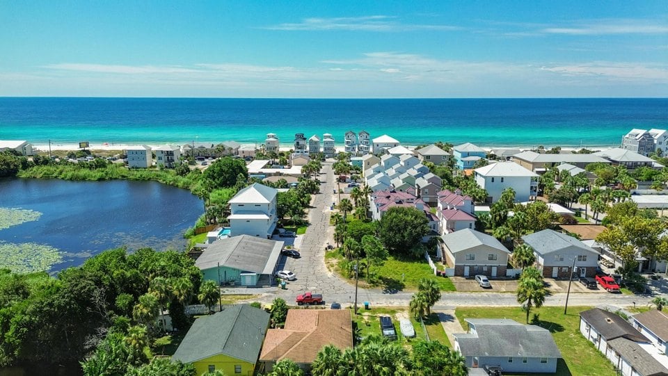 Aerial view of homes in Laguna beach in the west end of Panama City Beach Florida