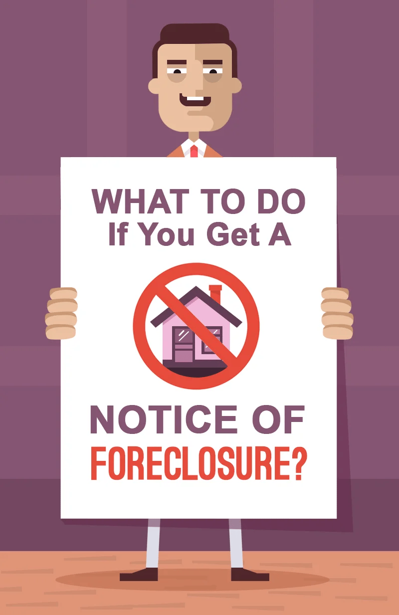 Illustrated man holds a sign about what to do after a foreclosure notice.