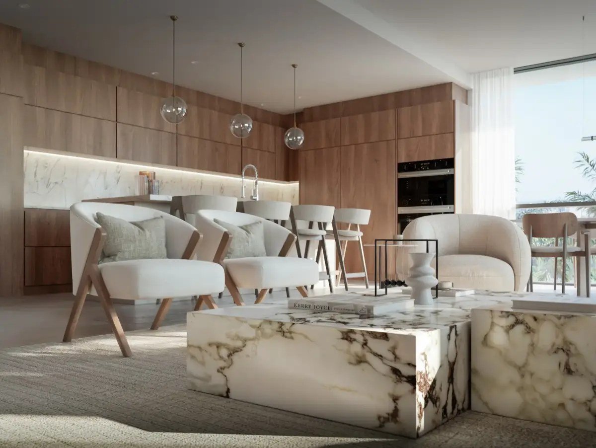 The Lincoln residence living and dining rendering in Coconut Grove, Miami.