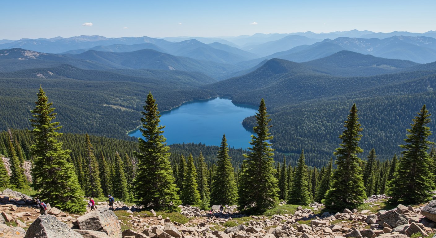 Fern Lake surrounded by forested mountains, with hikers on a rocky trail in the foreground.