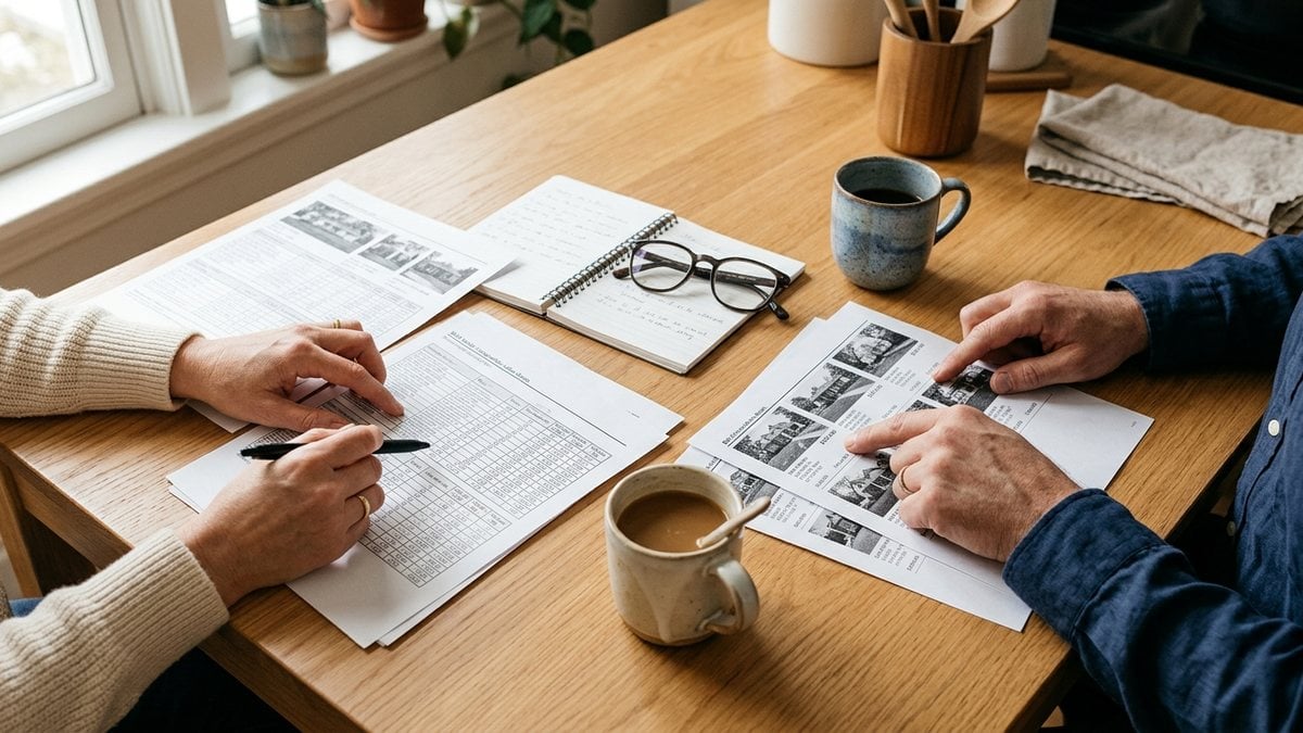 Two people reviewing printed comparable-sales sheets at a kitchen table with coffee mugs and a notebook in morning light