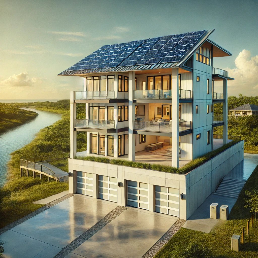 A contemporary house featuring solar panels installed on the roof, showcasing sustainable energy solutions.