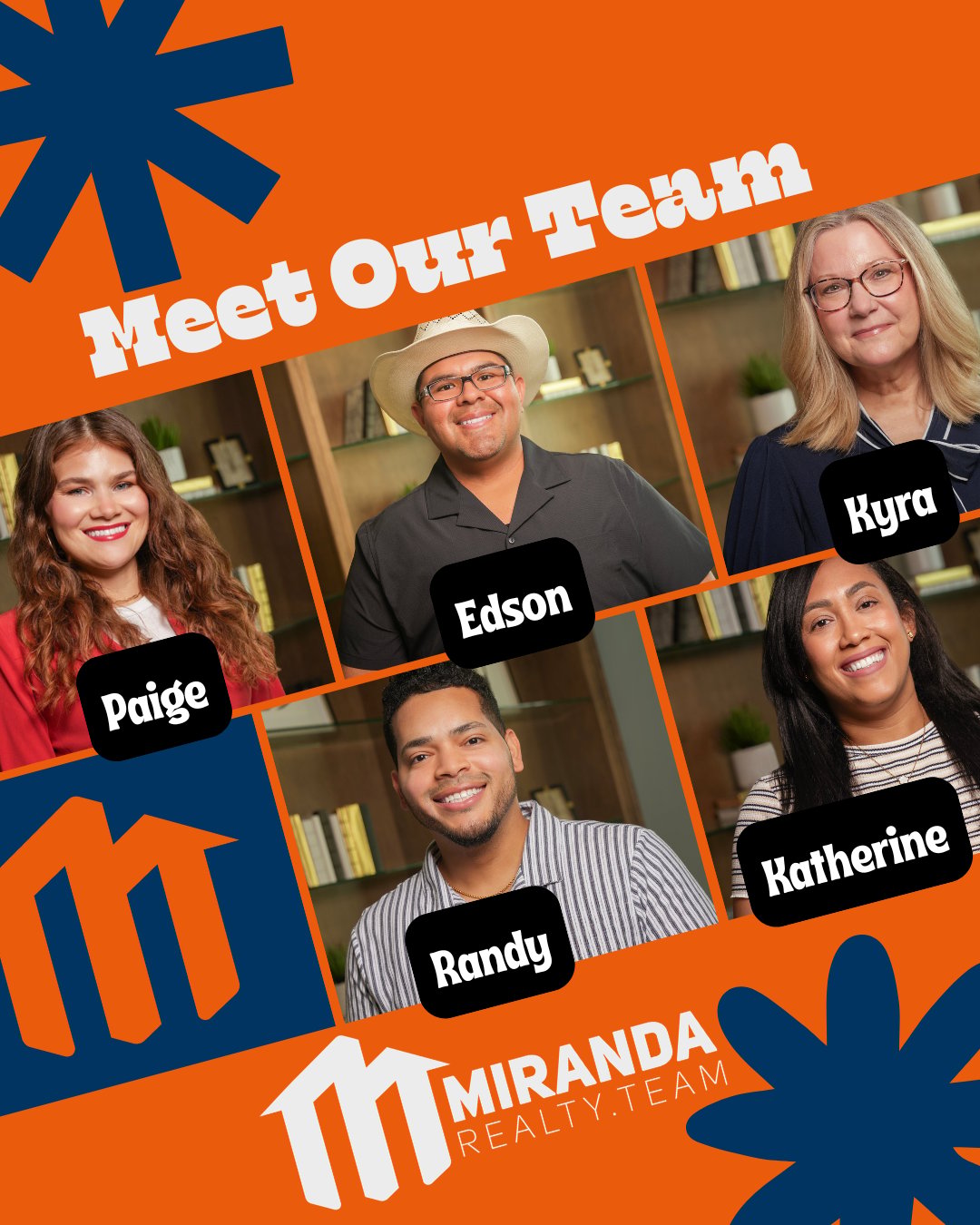 Miranda Realty Team group photo with text "Meet the Team," introducing new team members Randy and Katherine alongside Edson Miranda, Paige Miranda, and Kyra Johnson