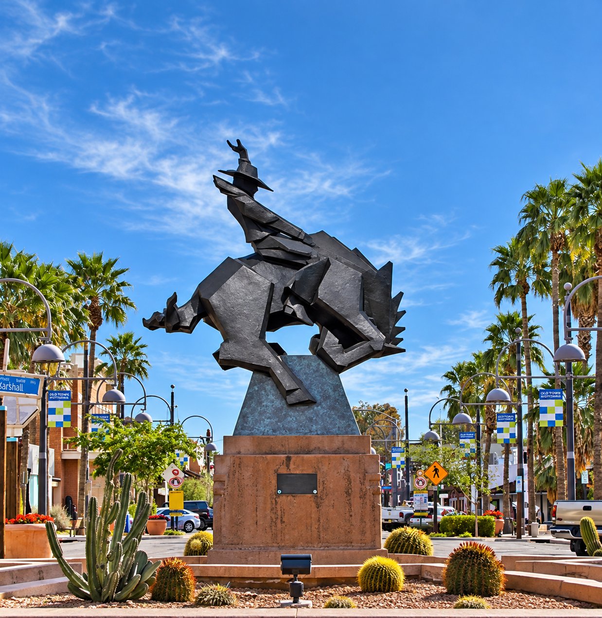 Jack Knife cowboy sculpture surrounded by palm trees in Old Town Scottsdale, Arizona.