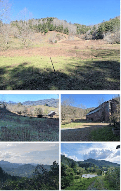 Rural acreage with open fields, a barn, wooded mountain views, and a pond.