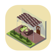 Isometric illustration of a pergola-covered patio with seating and landscaping.