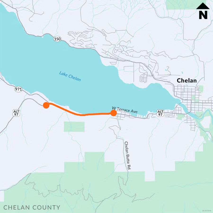 Map of Lake Chelan highlighting the US 97A project corridor in orange between the Lakeside area and the SR 971/South Lakeshore Road junction.