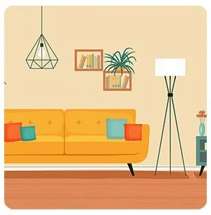 Illustrated living room with an orange sofa, hanging plants, and a tripod floor lamp.