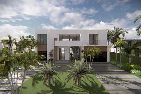 Modern white home with a wide driveway and tropical landscaping.