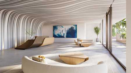 Contemporary living room with a sweeping ribbed ceiling, low seating, abstract art, and floor-to-ceiling windows.