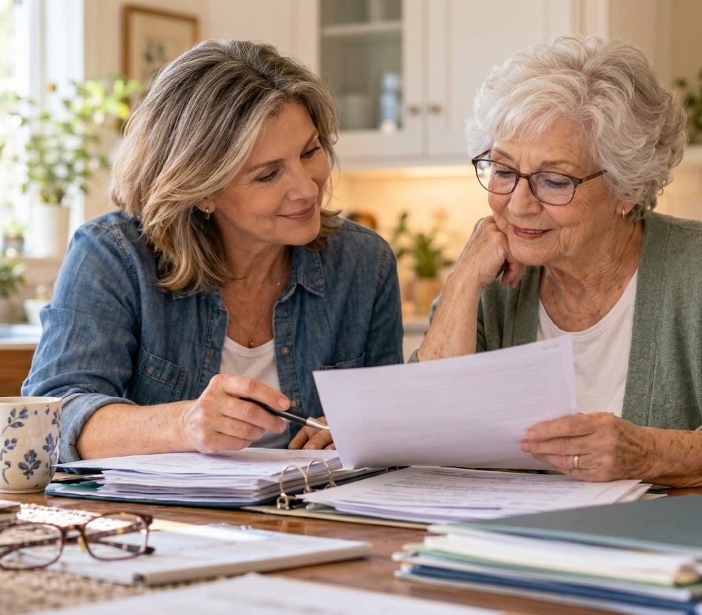 Adult daughter and her mother looking through family photos while preparing to downsize.