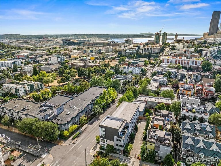 Aerial view of a leafy Seattle neighborhood, downtown skyline, and waterfront.