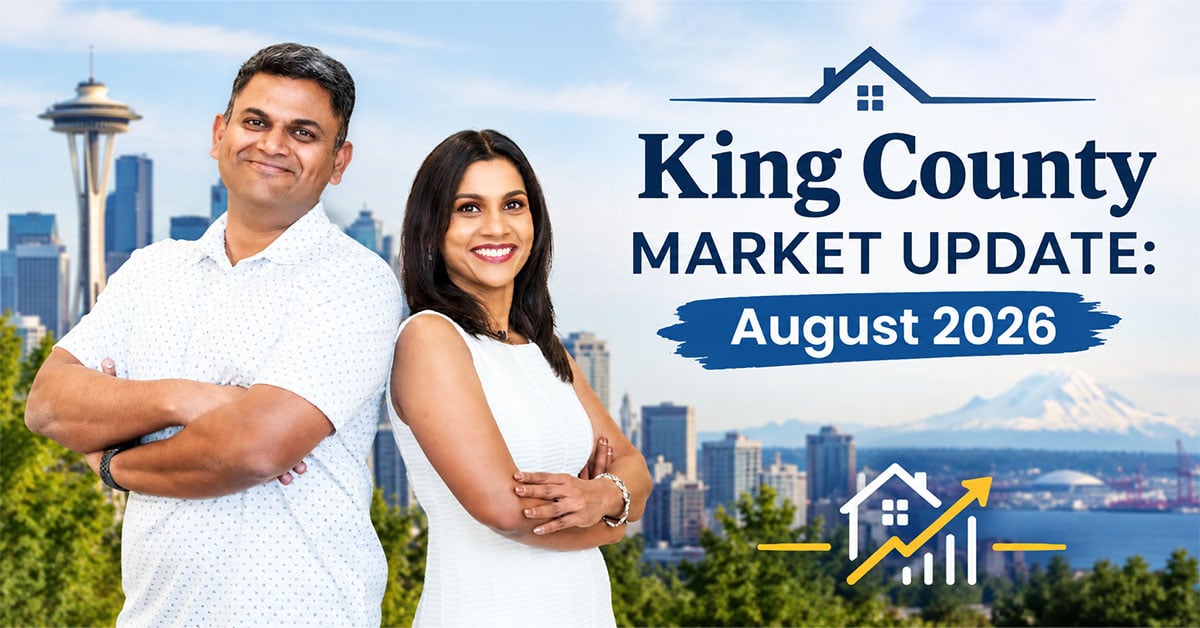 King County market update for August 2026, featuring two agents with the Seattle skyline and Mount Rainier.