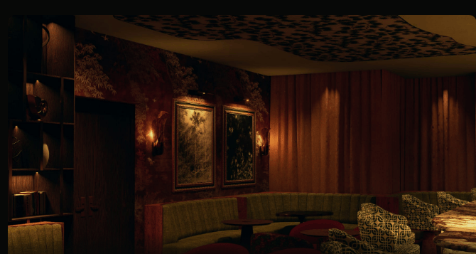 Japanese cocktail lounge with a curved green banquette, patterned chairs, and warm sconces.