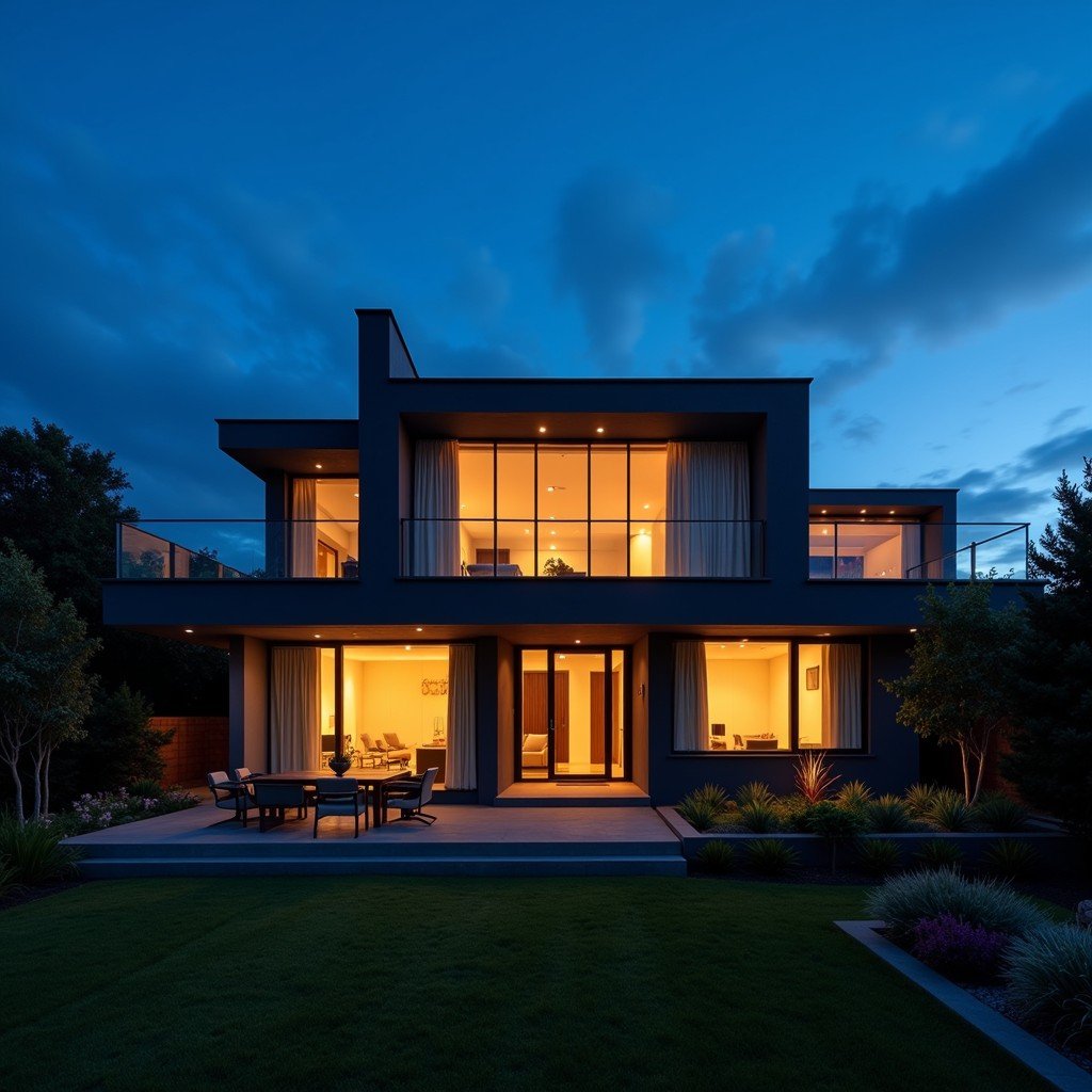 Modern luxury home exterior at dusk with glowing interior light and clean architectural lines