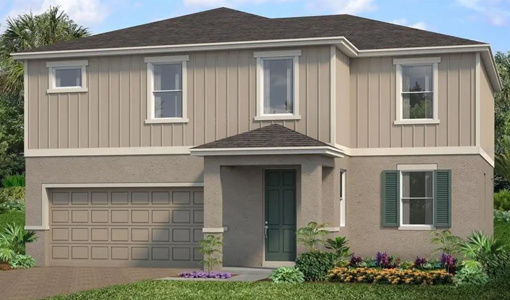 Two-story beige home with attached garage, dark green front door, and landscaped entry.