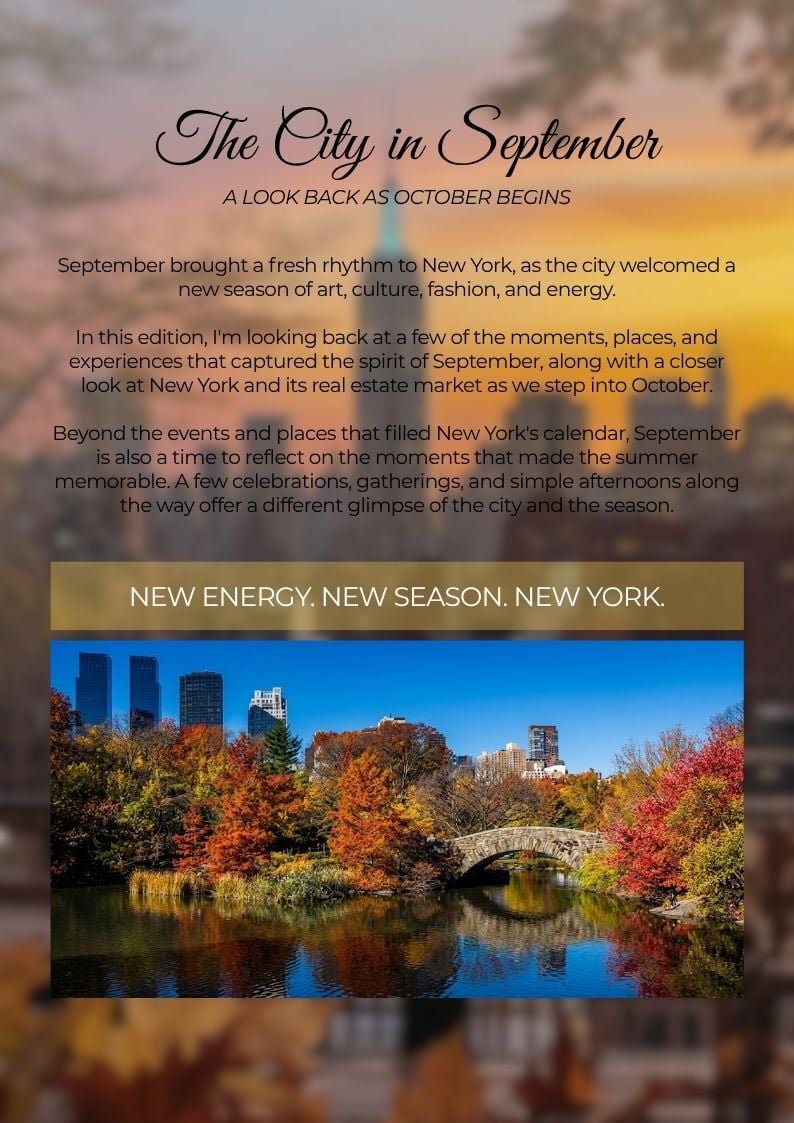 New York September recap graphic featuring autumn foliage, a stone bridge, and a Central Park pond.