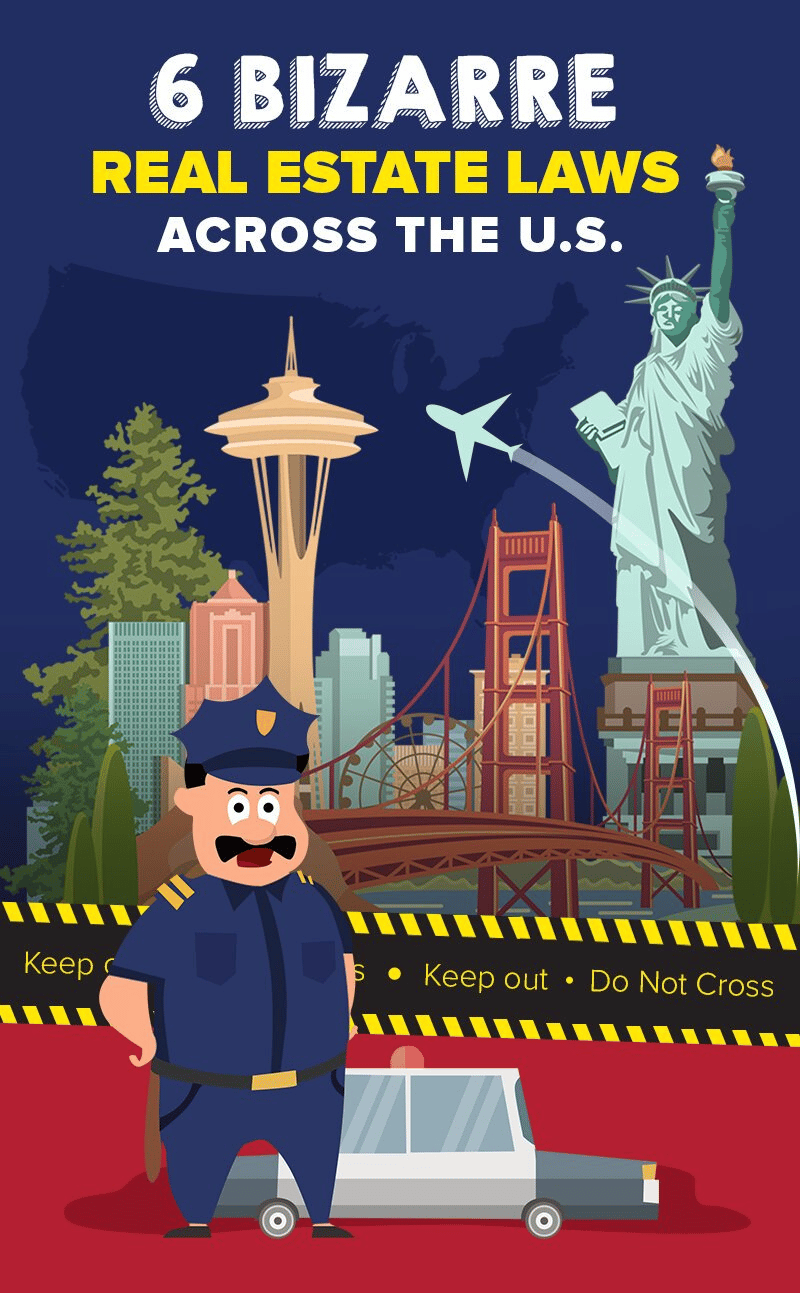 6 Bizarre Real Estate Laws Across the U.S., illustrated with a police officer, caution tape, and U.S. landmarks.