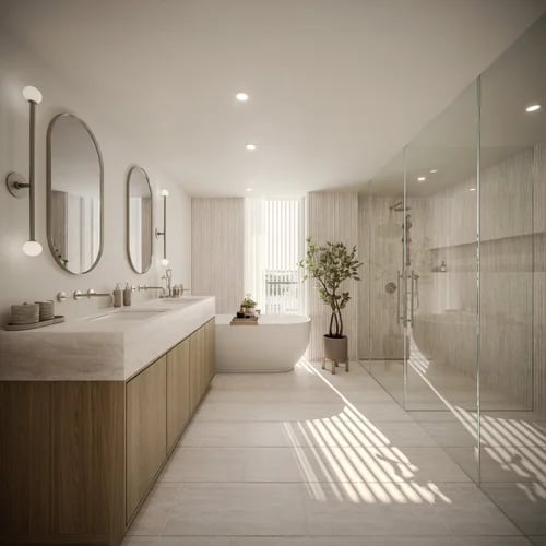 Primary Bathroom Rendering at Porto Bay, 1130 100th Street, Bay Harbor Islands.
