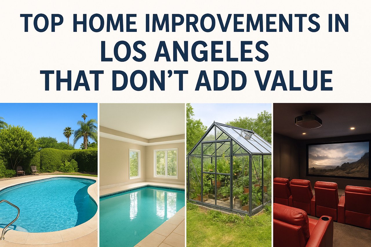 Collage of four photos, an outdoor kidney shaped pool with trees in the background, an indoor rectangular pool, a greenhouse, and an indoor movie theater with text - Top Home Improvements in Los Angeles That Don't Add Value